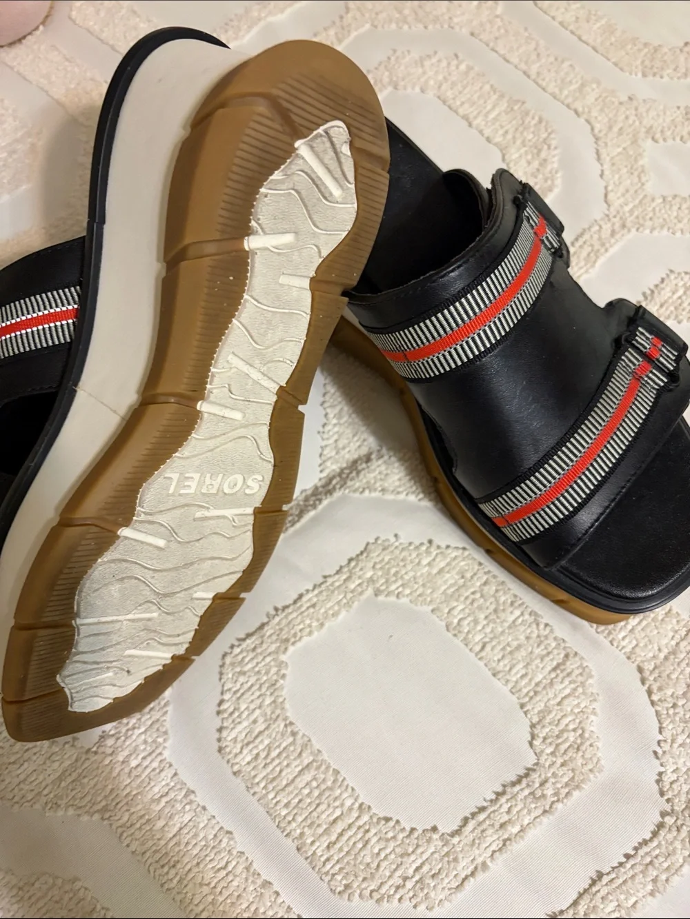 Sorel Black Sandal Slides with Red and White Striped Webbing